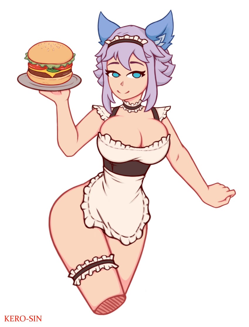 1girls apron apron_only big_breasts blue_hair breasts burger cute female fox_ears fox_girl hamburger hi-rez_studios hourglass_figure io_(paladins) kemonomimi kerosin large_breasts light-skinned_female light_skin maid paladins paladins_champions_of_the_realm purple_hair solo thick thick_thighs waitress waitress_uniform you're_gay