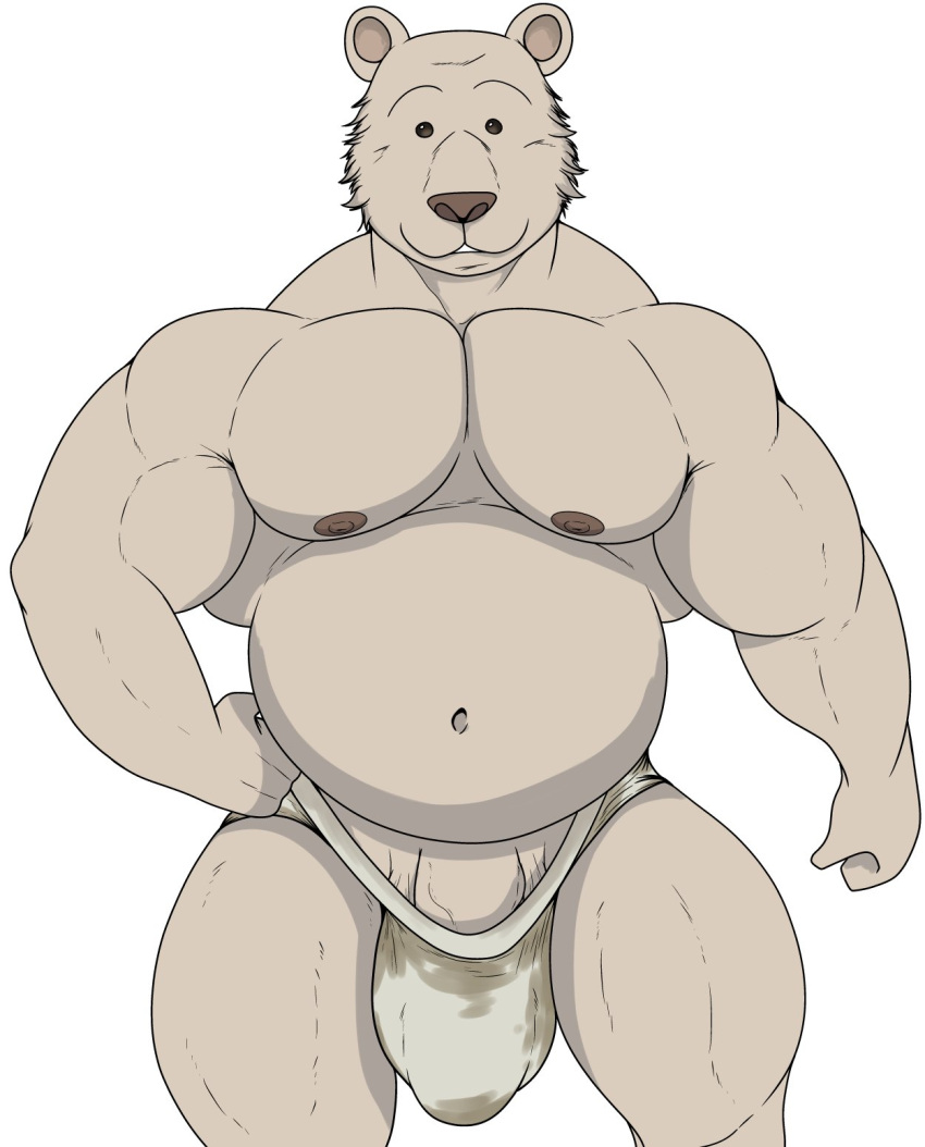 2023 anthro beady_eyes bear beastars big_biceps big_bulge brown_bear brown_nipples brown_nose bulge closed_smile clothed clothing front_view fur genital_outline genitals hand_on_hip hi_res looking_at_viewer male male_only mammal mouth_closed musclegut navel nipples penis penis_base penis_outline riz_(beastars) ryanmakana simple_background solo tan_body tan_fur thick_thighs thong underwear underwear_only ursine white_background