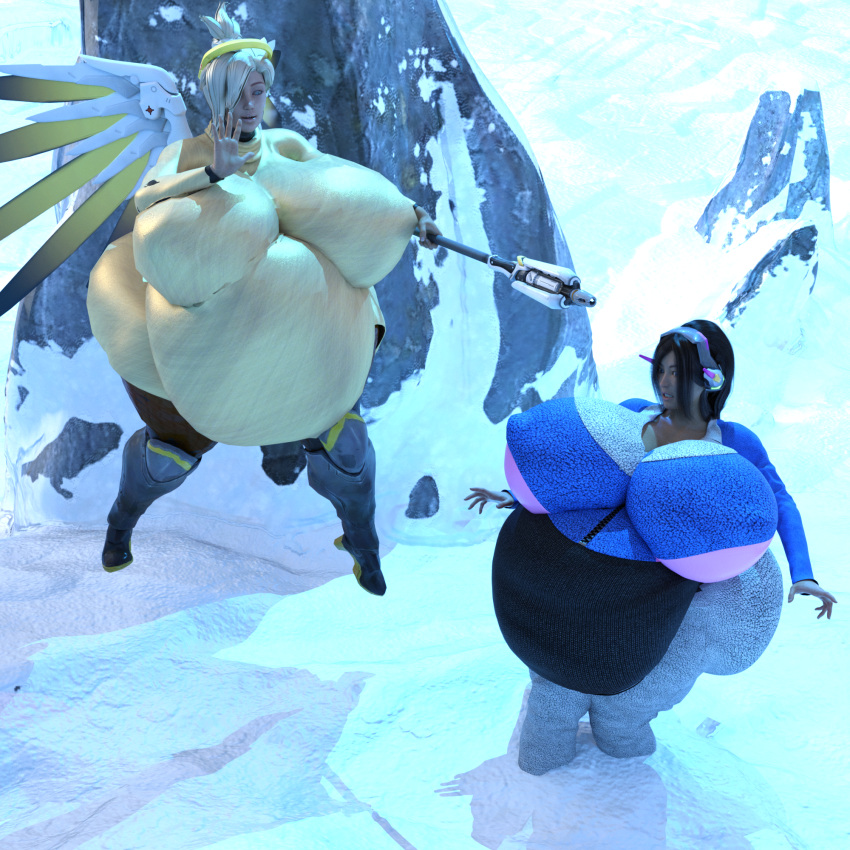 2girls 3d bbw big_ass big_belly coat d.va erect_nipples fighting huge_breasts mercy obese overwatch snow sweater thick_thighs violazierau