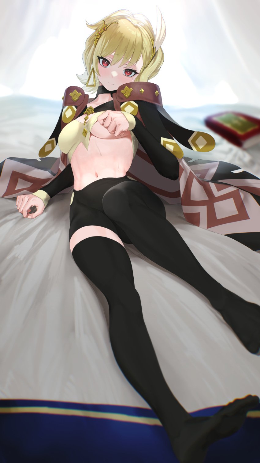 1girls absurdres bed_sheet black_leggings black_thighhighs blonde_hair blurry breasts cape citrinne_(fire_emblem) depth_of_field earrings female female_only fire_emblem fire_emblem_engage foreshortening heart heart-shaped_pupils highres jewelry kazane-wind leggings long_sleeves looking_at_viewer medium_breasts midriff navel nintendo nipples no_shoes red_eyes royalty sage_outfit_(fire_emblem_engage) short_hair single_leg_pantyhose skin_tight smile solo sweat symbol-shaped_pupils teenage_girl teenager thick_thighs thighhighs underboob wing_hair_ornament