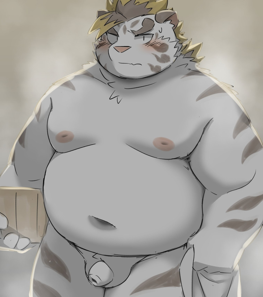 anthro balls belly blush chubby chubby_male eyewear felid flaccid foreskin fur genitals glasses hi_res licho_(tas) lifewonders male mammal navel nipples nude overweight pantherine penis ptcmtr solo striped_body striped_fur stripes tiger tokyo_afterschool_summoners towel white_body white_fur