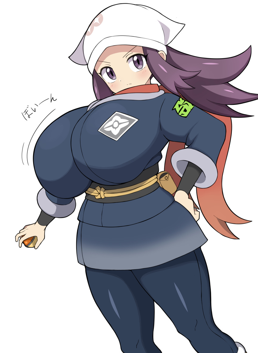 2022 akari_(pokemon) breasts_bigger_than_head clothed clothed_female game_freak hand_on_hip holding_pokeball huge_breasts hyper_breasts jaga334 large_breasts long_hair long_violet_hair looking_at_viewer nintendo pokeball pokemon pokemon_legends:_arceus violet_eyes violet_hair white_background