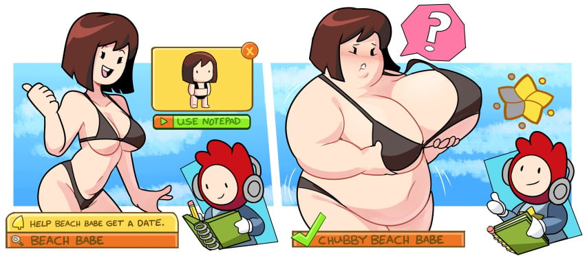 1boy 1girls ? bbw before_and_after big_belly big_breasts bikini black_bikini breast_expansion brown_hair chubby chubby_female double_chin fat gameplay_mechanics maxwell_(scribblenauts) mob_face overweight question_mark scribblenauts superspoe weight_gain