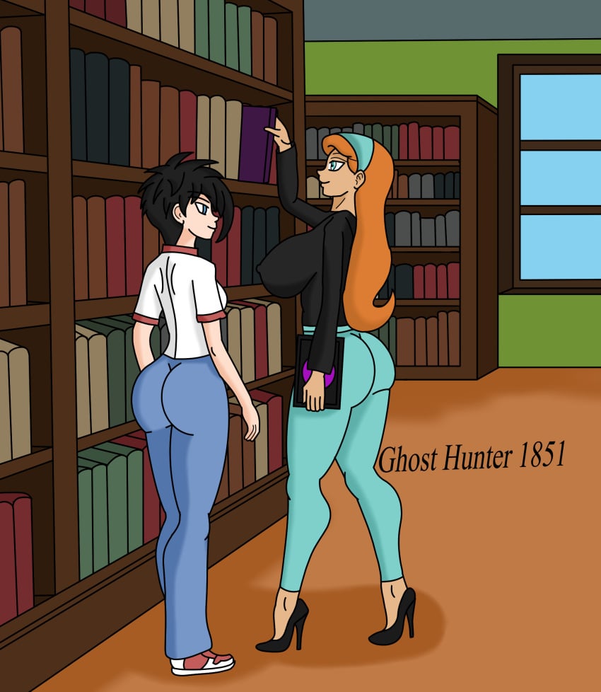 1boy 1girls androgynous ass black_hair blue_eyes breasts brother_and_sister bubble_ass bubble_butt commentary_request danny_fenton danny_phantom female ghosthunter1851(artist) huge_breasts jazz_fenton large_ass large_breasts library long_hair male older_female older_sister older_sister_younger_brother profile_view red_hair short_hair siblings side_view thick_legs trap