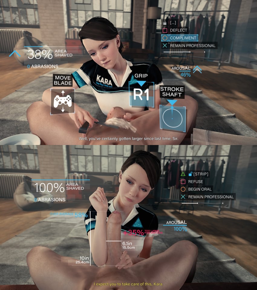 1boy 1girls 3d android android_girl brown_hair clothed_female detroit:_become_human dialogue edit english_text erect_penis forearm_cock foreskin gameplay_mechanics huge_cock human_is_better human_on_robot interspecies kara_(detroit:_become_human) large_penis laying_back leeterr male_pov maledom measuring measuring_penis pov robot robot_girl shaving shaving_another shaving_crotch submissive_female talking_to_viewer text uncircumcised uncut unseen_male_face