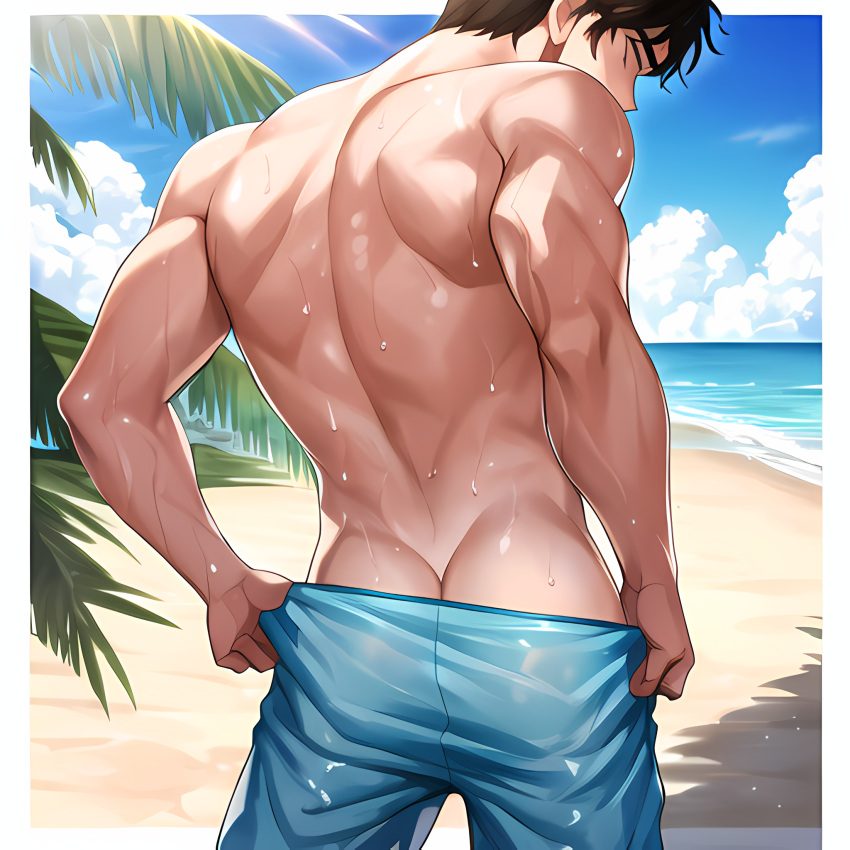 1boy ai_generated ass back beach half_naked highly_detailed male_only redcarpet160 shirtless standing underwear yaoi