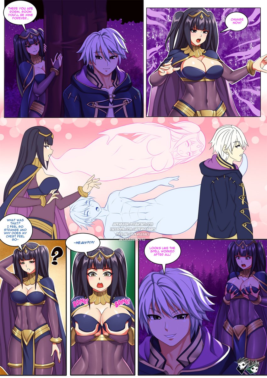 1boy 1girls alternate_eye_color bangs black_eyes black_hair body_swap bodystocking breast_grab breasts brown_eyes cape cleavage double_breast_grab english_text fire_emblem fire_emblem_awakening groping hiding jadenkaiba large_breasts long_hair magic night nintendo open_mouth outdoors robin_(fire_emblem) robin_(fire_emblem)_(male) shocked short_hair smile sound_effects stalker stalking text tharja_(fire_emblem) tree white_hair