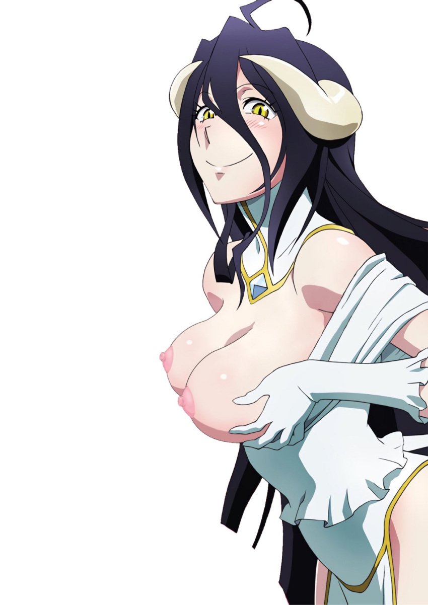 1girls 95vio albedo_(overlord) big_breasts black_hair clothed demon_girl exposed_breasts female light_skin long_hair overlord_(maruyama) smile solo succubus succubus_horns yellow_eyes