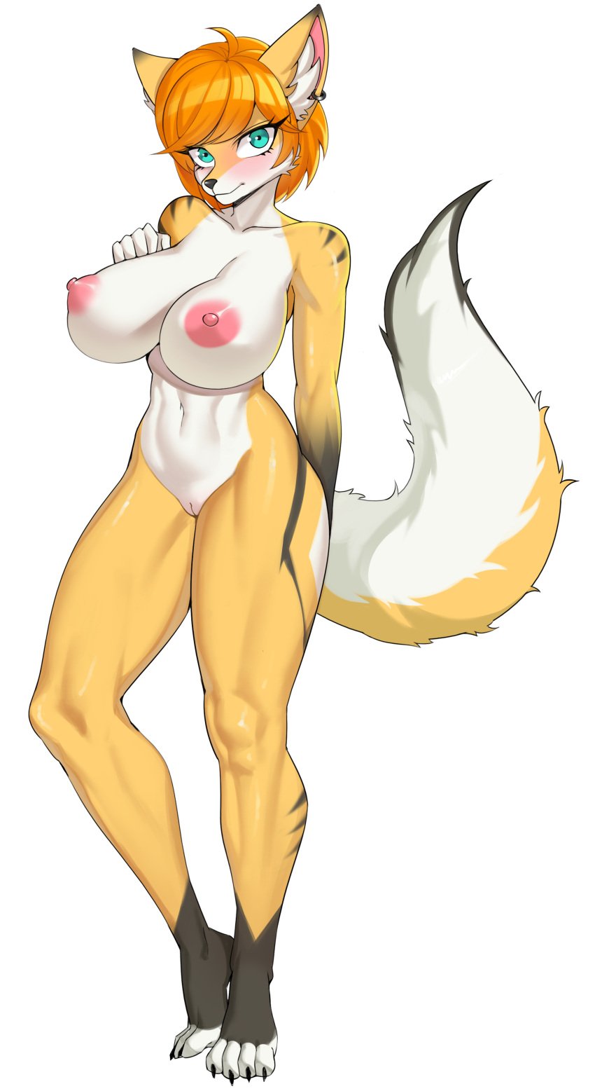 absurd_res anthro areola big_breasts blush breasts canid canine ear_tuft embarrassed female fox fur genitals green_eyes hair hi_res humanoid inner_ear_fluff looking_at_viewer mammal nipples nude orange_body orange_fur orange_hair pink_areola pink_nipples pussy reena_(gazer90) short_hair simple_background solo tuft weelzelu