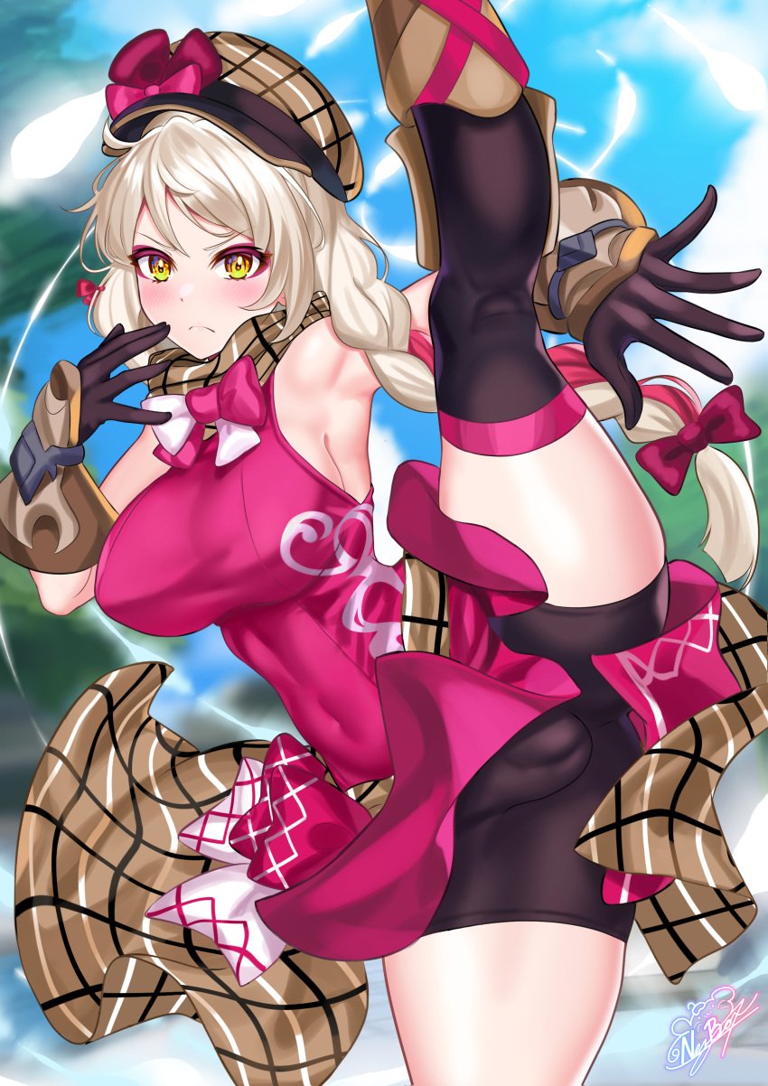 1girls absurdres aged_up alternate_breast_size armpits ass_visible_through_thighs axe_kick bare_thighs black_gloves black_shorts black_thighhighs blonde_hair bow braid braided_ponytail breasts brown_hair brown_scarf cameltoe deerstalker dress female female_only fire_emblem fire_emblem_engage framme_(fire_emblem) frown gloves hat hat_ribbon high_kick highres impossible_clothes kick kick_ra kick_up kicking kicking_legs kicking_up large_breasts leg_lift leg_spread leg_spreader leg_up long_hair looking_at_viewer martial_arts multicolored_hair nez-box nintendo no_panties_under_spats outdoors partially_visible_vulva pelvic_curtain pink_bow pink_dress pink_hair plaid plaid_headwear plaid_scarf ponytail pool pose pussy_visible_through_spats ribbon scarf shorts single_braid sleeveless sleeveless_dress solo splits standing standing_on_one_leg thick_thighs thighhighs thighs two-tone_hair vertical_splits wrist_guards yellow_eyes