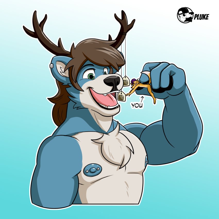 absurd_res anthro antlers baritz blue blue_nipples cervine deer endiu furry handpaw hi_res hooves horn macro male mammal micro nipple_piercing nipples nsfw paws piercing pluke shapeshifter stomping tea_bags vore