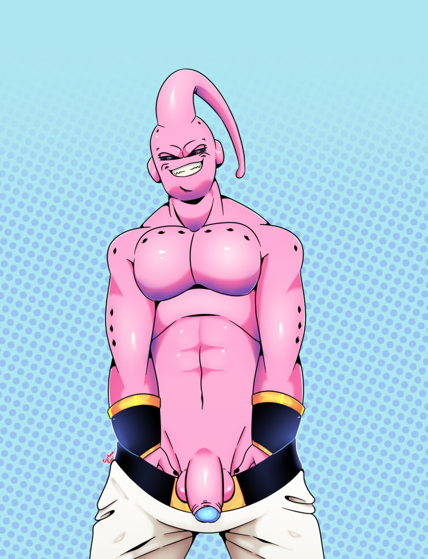 balls black_sclera carboncoal dragon_ball dragon_ball_z majin male male_only muscles muscular pants_down penis pink_body red_eyes shirtless solo solo_male super_buu