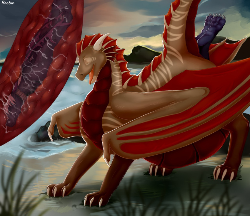 ambiguous_gender anal anal_vore anthro belly big_belly claws closed_eyes cloud dragon duo feral frill_(anatomy) grass head_crest head_frill horn markings membrane_(anatomy) membranous_wings neck_frill open_mouth outside plant purple_body red_body red_frill red_scales red_tongue red_wings roobin scales scalie signature striped_back striped_markings striped_neck striped_tail stripes tail tail_frill tail_markings tan_stripes tongue vore water white_claws white_horn wings