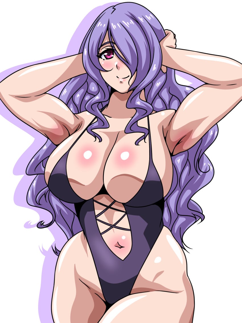 1girls alternate_costume bare_thighs breasts camilla_(fire_emblem) cleavage female female_only fire_emblem fire_emblem_fates hair_over_one_eye inabakun00 large_breasts long_hair nintendo one-piece_swimsuit pink_eyes purple_hair purple_one-piece_swimsuit purple_swimsuit sideboob simple_background smile solo thighs very_long_hair