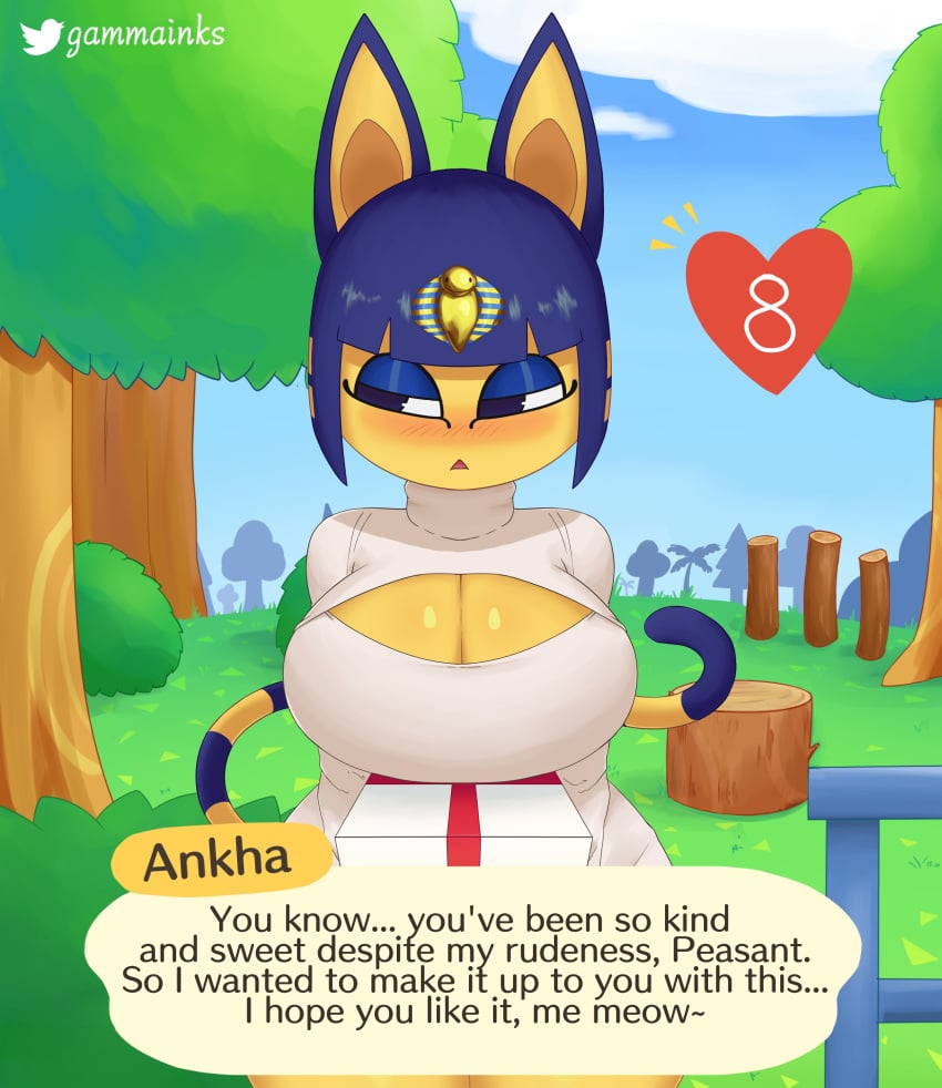 2021 absurd_res alternate_version_at_source animal_crossing ankha ankha_(animal_crossing) anthro big_breasts blue_eyes blue_eyeshadow blue_hair blush breasts cleavage cleavage_cutout clothed clothing curvy_figure cute detailed_background dialogue digital_media_(artwork) domestic_cat english_text eyelashes eyeshadow felid feline felis female flustered fur furry furry_only gammainks gift grass hair header header_box heart hi_res holding_gift holding_object huge_breasts keyhole_turtleneck looking_aside looking_away makeup mammal markings nintendo number numbered_heart outside plant romantic short_hair signature solo standing striped_tail sweater tail talking_to_viewer text text_box text_bubble topwear tree tsundere turtleneck white_clothing white_sweater white_topwear wholesome yellow_body yellow_fur