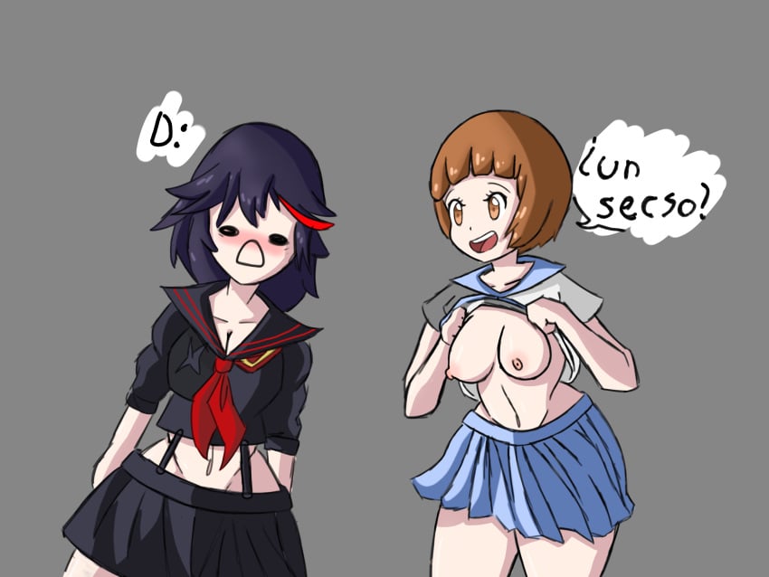 big_breasts breasts clothed clothed_female clothes clothing exposed_breasts exposed_nipples kill_la_kill mankanshoku_mako matoi_ryuuko meme nipples patas_(artist) senketsu shitpost showing_breasts spanish_text speech_bubble tomboy xd yuri