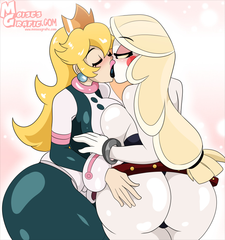 2girls alternate_costume ass big_ass blonde_hair bodysuit breasts charlie_morningstar_(hazbin_hotel) clothed clothed_female cosplay crossover demon demon_girl eastern_and_western_character female female_only fully_clothed hazbin_hotel huge_ass human humanoid interspecies kissing large_breasts lesbian long_hair mario_(series) midnight_(my_hero_academia)_(cosplay) moisesgrafic multiple_girls my_hero_academia nintendo ochako_uraraka ochako_uraraka_(cosplay) princess_peach uraraka_ochako_(cosplay) vivienne_medrano yuri