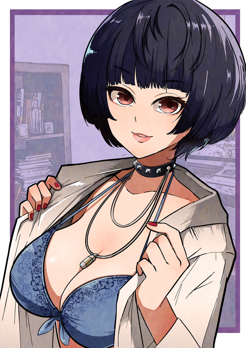 1girls atlus big_breasts blue_bra bra breast_focus breasts brown_eyes cleavage collar dark_blue_hair female female_only hair huge_breasts lace lace-trimmed_bra lace_trim lips mature mature_female mature_woman nail_polish nails neckwear open_clothes osusowake persona persona_5 short_hair solo solo_female spiked_collar tae_takemi topwear