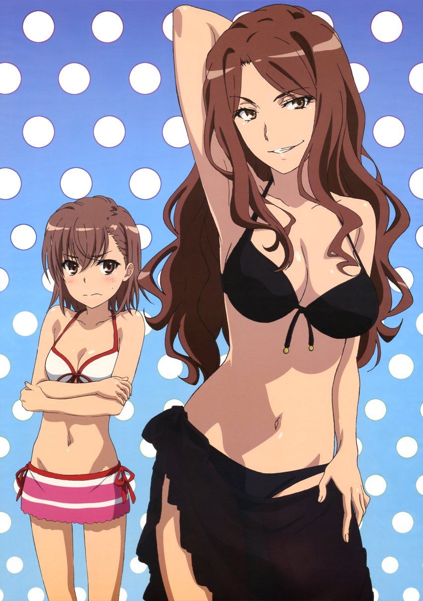 10s 2013 2girls absurd_res alternate_breast_size arm_behind_head armpits bikini blush breast_envy breasts brown_eyes brown_hair cleavage female front-tie_top fujii_masahiro grin hand_on_hip hi_res large_breasts light-skinned_female light_skin long_hair medium_breasts midriff misaka_mikoto mugino_shizuri multiple_girls navel nyantype official_art outdoors polka_dot polka_dot_background sarong scan see-through short_hair smile swimsuit teenage_girl teenager to_aru_kagaku_no_railgun to_aru_majutsu_no_index young