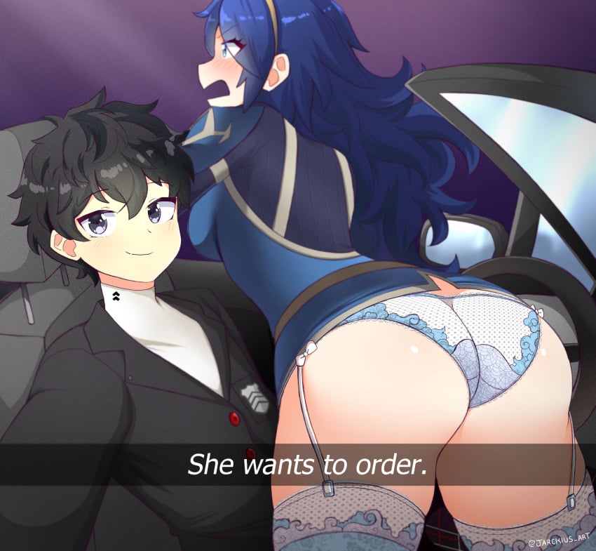 1boy 1girls alternate_ass_size alternate_version_available artist_signature ass big_ass black_hair blue_eyes blue_hair blush breasts car crossover english_text female fire_emblem fire_emblem_awakening garter_belt garter_straps he_wants_to_order huge_ass jarckius joker_(persona) large_ass lucina_(fire_emblem) male medium_breasts megami_tensei meme panties pantsless persona persona_5 ren_amamiya selfie silver_eyes super_smash_bros._ultimate text thighhighs underwear white_panties