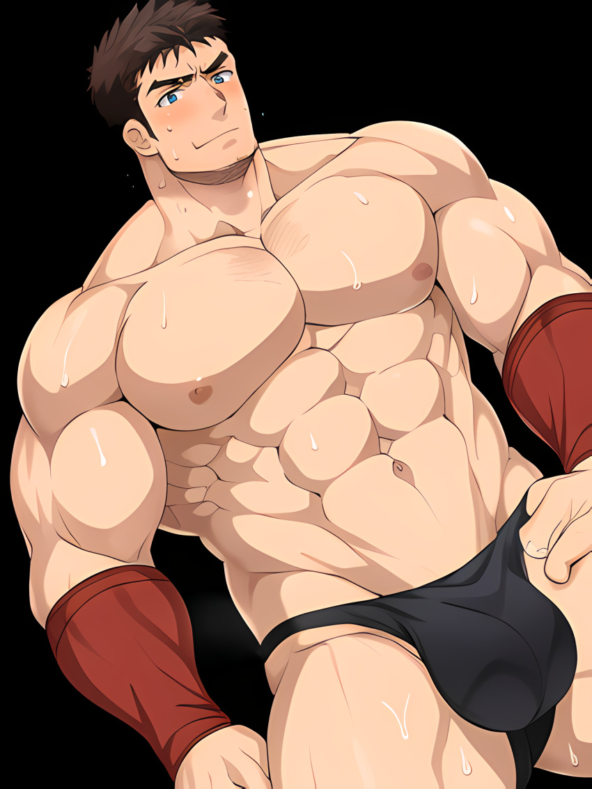 1boy 2023 abs ai_generated bara bare_pectorals biceps blush body_hair brown_hair bulge completely_nude cowboy_shot erection facial_hair human large_pectorals long_sideburns male male_only male_underwear muscular muscular_male navel nipples pectoral_press pectorals short_hair sideburns solo stable_diffusion stomach stubble thick_thighs thighs tight topless_male underwear underwear_only