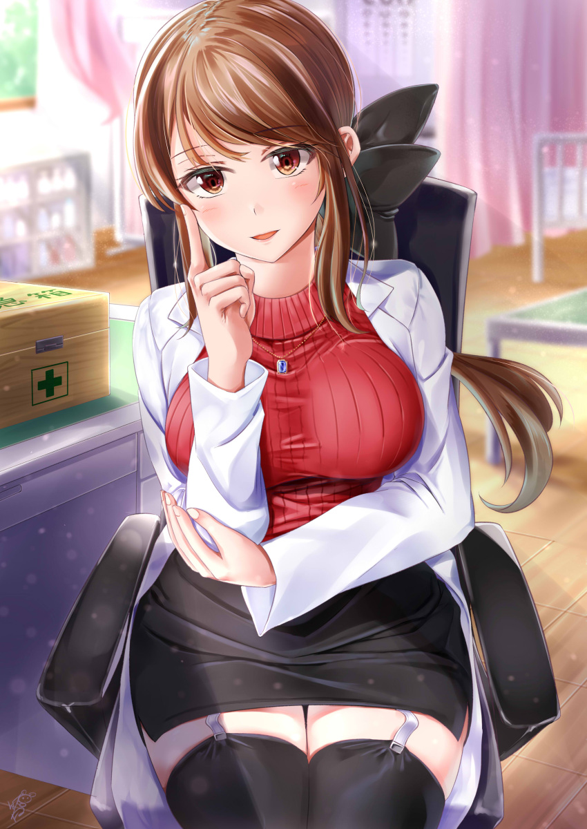 1girls ayakase_hotaru back_bow bed breasts brown_eyes brown_hair chair desk garter_straps hairbow hospital_bed infirmary labcoat large_breasts long_hair looking_at_viewer necklace nurse office_chair office_desk original pencil_skirt ribbed_sweater school_nurse sitting_on_chair skirt sweater thighhighs tile_floor