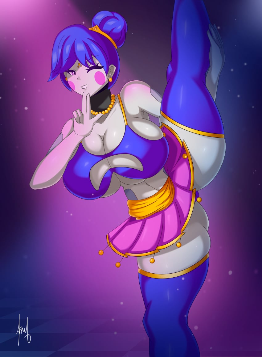 2023 anime_style ballerina ballora ballora_(fnafsl) big_breasts blue_hair blush cleavage earrings five_nights_at_freddy's five_nights_at_freddy's:_sister_location five_nights_in_anime fnaf hair_bun humanized leg_grab legs_up necklace purple_eyes purplehorny signature skirt