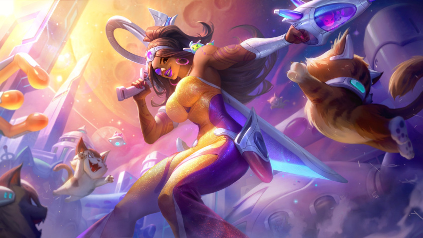 3rd_party_edit alternate_breast_size brown_hair dark-skinned_female dark_skin large_breasts league_of_legends lipstick muscular_female official_artwork_edit riot_games samira_(league_of_legends) space_groove_samira space_groove_series sutton184_edits tattoo thick_thighs