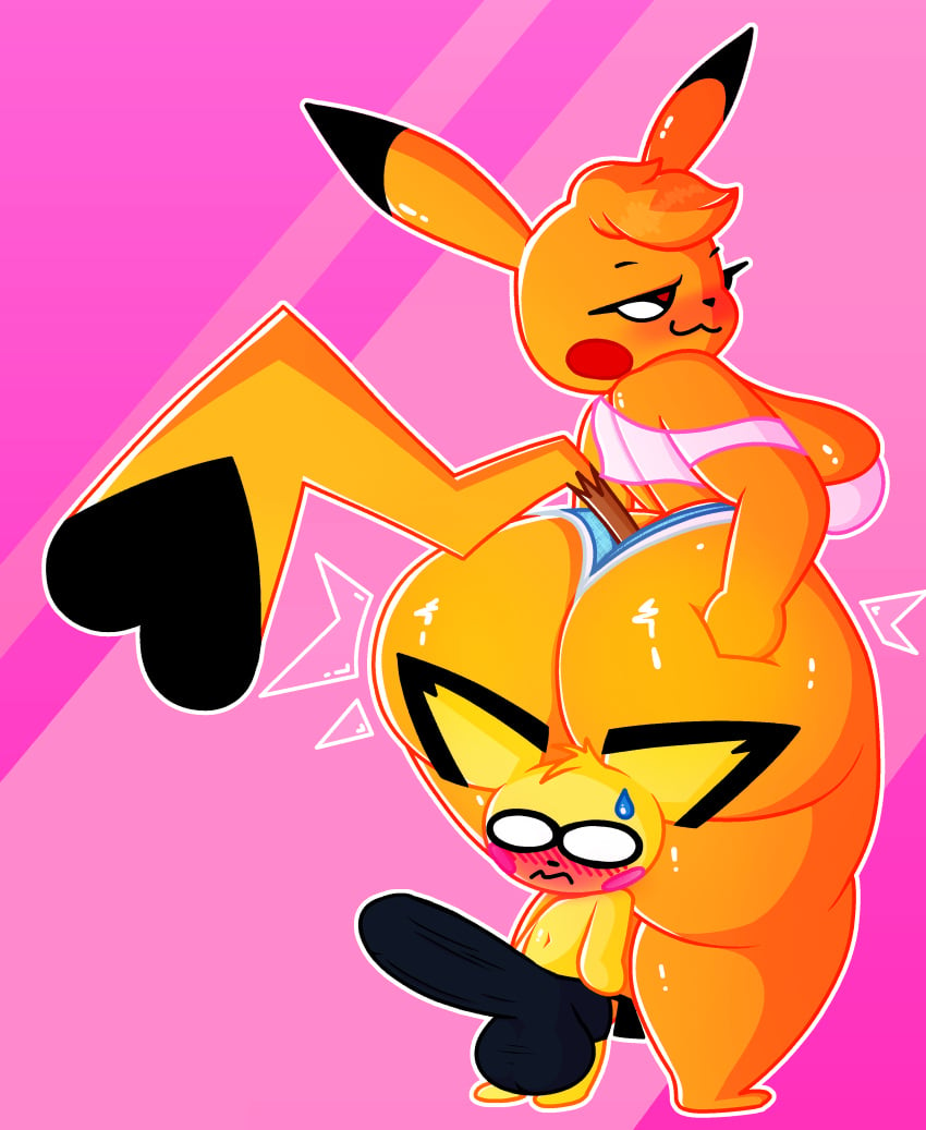 absurd_res anthro ass balls balls_outline bedroom_eyes big_balls big_breasts big_bulge big_butt big_penis blush bodily_fluids bottomwear breasts bulge clothed clothing cosplay_pikachu crop_top dipstick_ears dipstick_tail duo erection erection_under_clothing female genital_outline genitals hair hi_res huge_butt kanna_(joaoppereiraus) larger_female leroy_(joaoppereiraus) looking_back looking_down male markings multicolored_ears narrowed_eyes nintendo orange_body orange_hair penis penis_outline pichu pikachu pokémon_(species) pokemon pokemon_(species) seductive senor9 senordraws shirt shorts size_difference small_but_hung smaller_male smile sweat sweatdrop tail tail_markings thick_thighs topwear wide_hips yellow_body