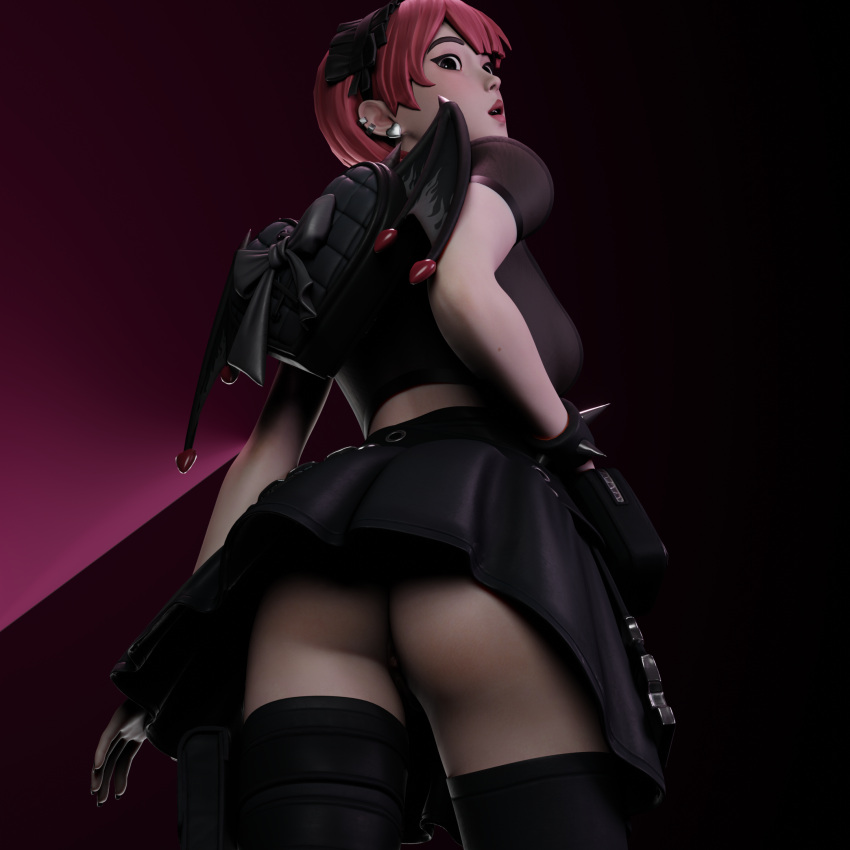 3d 3d_model ass ass_focus asshole blender blender_(software) clothed clothed_female earrings fortnite fortnite:_battle_royale gloved_hands gloves goth goth_girl gothic illarts leather_clothing leather_skirt looking_at_viewer looking_back looking_down mina_park_(fortnite) pink_hair pussy see-through_clothing skirt sole_female thighhighs vagina