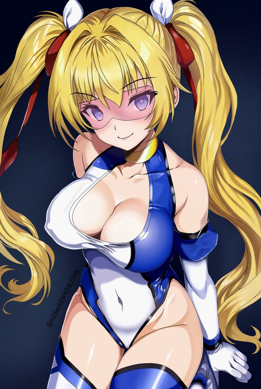 1girls ai_generated arm_support big_breasts blonde_hair bodysuit breasts cleavage covered_navel female female_only hair_ribbon hengensouki_shine_mirage hentai hentai_game highres large_breasts legs leotard long_hair looking_at_viewer novelai pointy_chin ribbon sitting smile solo thighs tight_clothing toudouin_saki twintails voluptuous