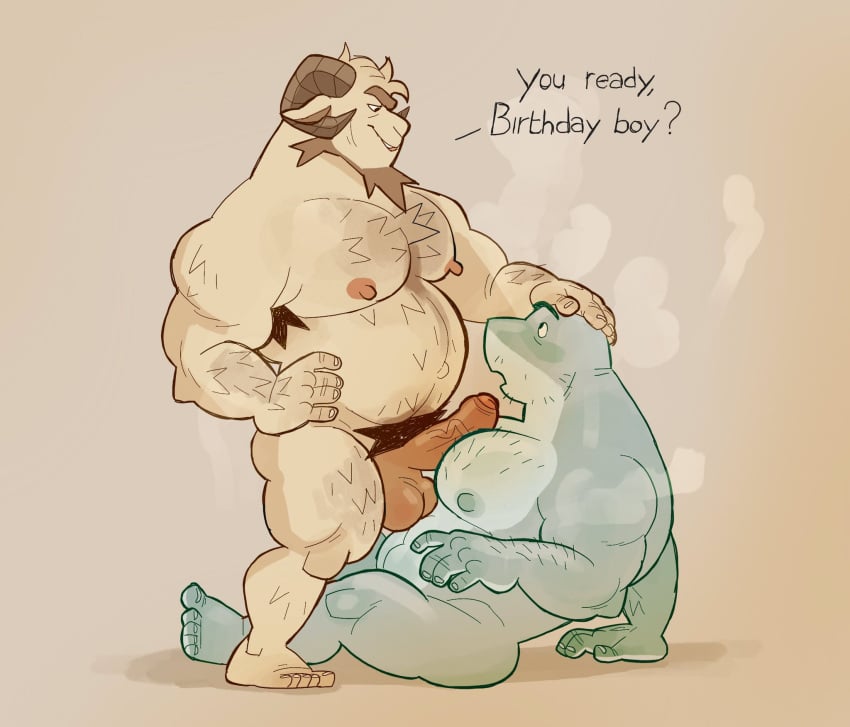 2023 abs anthro anthro_on_anthro arm_hair armpit_hair ass balls beard belly belly_hair biceps big_belly big_penis birthday birthday_sex body_hair boner bovid bunbunny_(artist) caprine chest_hair dialogue dominant dominant_male duo erection eye_contact facial_hair feet fish forearm_hair forearms foreskin furry genitals hand_on_head hi_res horn imminent_oral imminent_sex leg_hair looking_at_another male male/male male_only mammal marine musclegut muscular muscular_male muscular_thighs nipples nude pecs penis penis_on_chest pubes sex shark shoulder_hair simple_background sitting slightly_chubby smallsrabbit splash_(phosbara) standing triceps vein veiny_penis yawa_(snoozyawa)