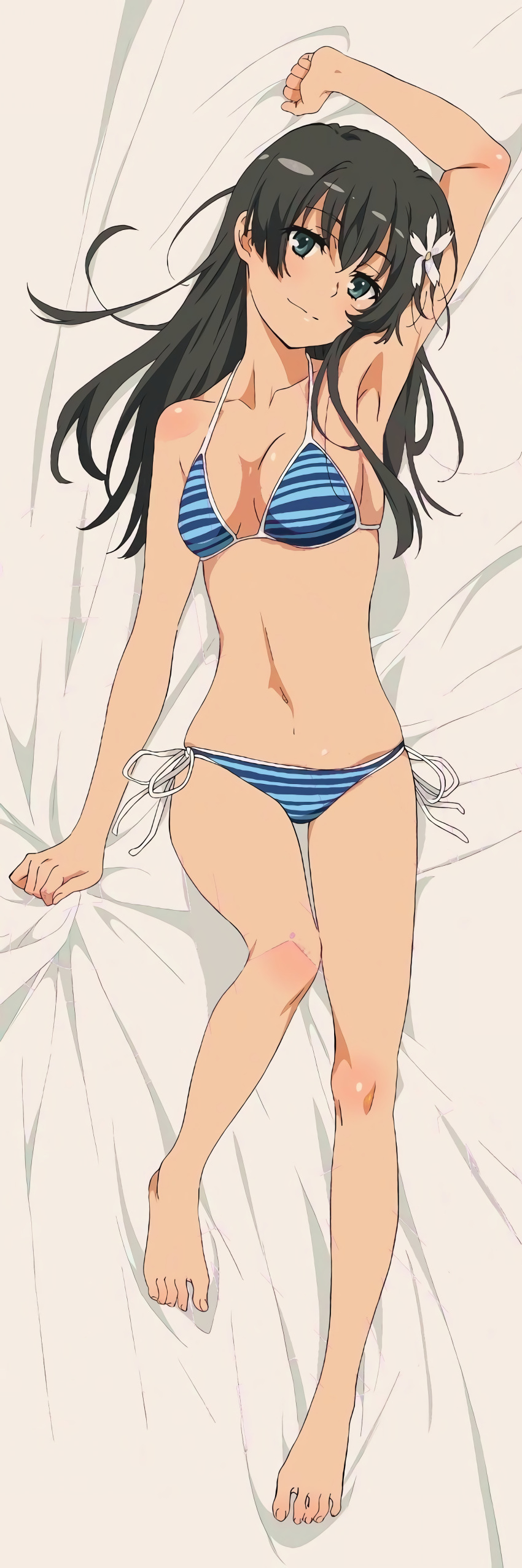 1girls absurd_res arm_up armpits bare_shoulders barefoot bed bed_sheet bedroom_eyes bikini black_hair blue_eyes breasts collarbone dakimakura dakimakura_design female fingernails flower hair_flower hair_ornament hi_res light-skinned_female light_skin long_hair looking_at_viewer lying medium_breasts midriff navel official_art on_back saten_ruiko seductive_smile side-tie_bikini_bottom skindentation smile solo star_(symbol) striped striped_bikini swimsuit tanaka_yuuichi teenage_girl teenager thigh_gap to_aru_kagaku_no_railgun to_aru_majutsu_no_index toenails young