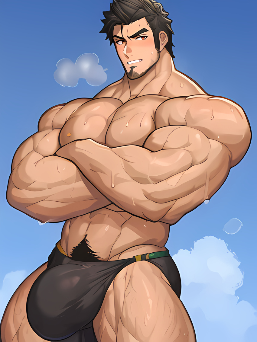 1boy 2023 abs ai_generated bara bare_pectorals beard biceps black_hair blush body_hair breath brown_hair bulge chest_hair completely_nude covering crossed_arms dark_blue_hair facial_hair feet_out_of_frame goatee hair_strand hairy happy_sex human large_pectorals long_sideburns male male_only male_swimwear male_underwear mature_male medium_hair muscular muscular_male navel navel_hair nipples pectorals short_hair sideburns solo stable_diffusion stomach stubble swim_briefs thick_thighs thighs topless_male underwear underwear_only