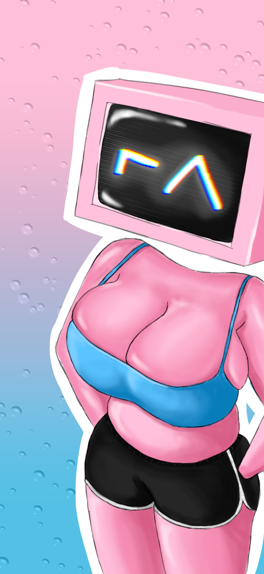 1girls 2020s 2023 big_breasts blue_bra breasts camisole cathi cleavage crt dolphin_shorts female huge_breasts object_head oc original_character pink pink_skin plokie shorts side_slit solo solo_female squish squished_breasts tank_top tomboy tv_head two_tone_bottomwear two_tone_bottomwear_(black&white) wallpaper wink