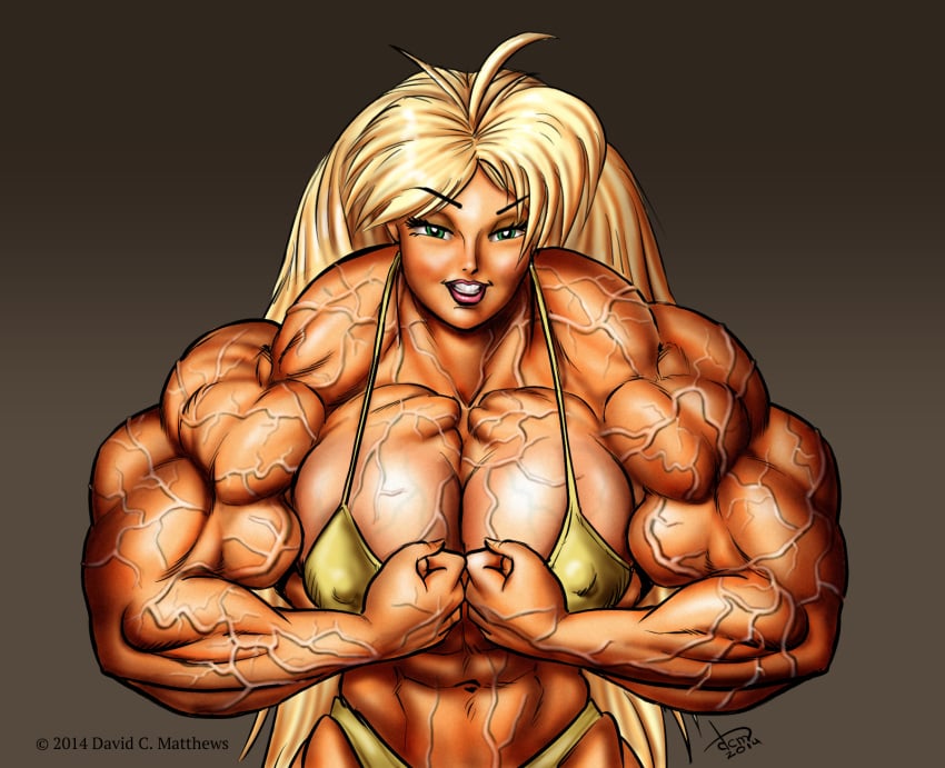 1girls abs belly_button biceps big_muscles bikini blonde_hair breasts dcmatthews extreme_muscles female flexing flexing_muscles gold_bikini green_eyes grin gritted_teeth huge_breasts huge_muscles large_breasts long_hair muscle_growth muscles muscular muscular_arms muscular_female pose posing smiling strong tetsuko traps vascular veins veiny wide_shoulders