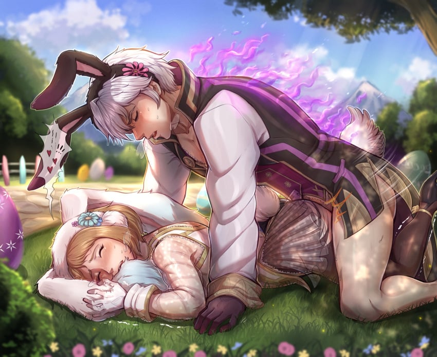 1boy 1girls alternate_costume brown_hair bunny_boy bunny_ears bunny_girl bunny_tail bunnysuit closed_eyes evomanaphy female fire_emblem fire_emblem_awakening fire_emblem_heroes from_behind_position grey_hair grima_(fire_emblem) kiran_(fire_emblem) kiran_(fire_emblem)_(female) male nintendo outdoor_sex outdoors robin_(fire_emblem) robin_(fire_emblem)_(male) year_of_the_rabbit