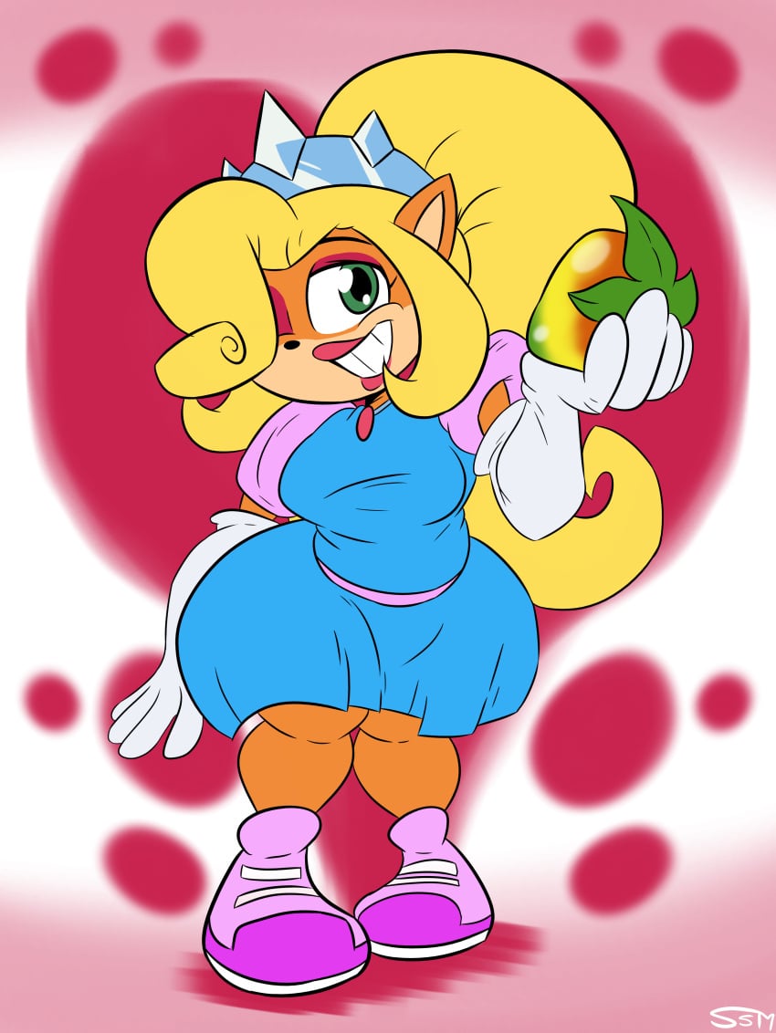 1girls 2019 anthro bandicoot blonde_hair coco_bandicoot crash_(series) crown elbow_gloves footwear gloves green_eyes lipstick long_hair looking_at_viewer princess_dress smile smiling smiling_at_viewer solarmannstudio solo supahstudiomann_(artist) thick_hips thick_thighs white_gloves wide_hips wink winking winking_at_viewer wumpa_fruit