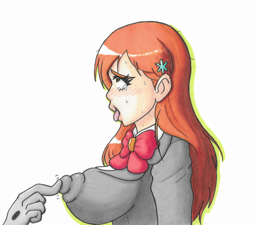 ahe_gao bleach bow brownpidgeon hair_ornament hair_pin hollow_(species) inoue_orihime nipple_bulge nipple_play nipple_rub nipples nipples_visible_through_clothing orange_hair school_uniform tears tongue_out