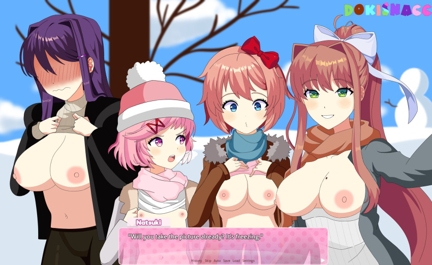 4girls beanie big_breasts blue_eyes blush breasts christmas ddlc_text_box dead_tree doki_doki_literature_club dokisnacc english_text female female_only flashing flat_chest flat_chested green_eyes hat long_hair monika_(doki_doki_literature_club) multiple_girls natsuki_(doki_doki_literature_club) nipples pink_eyes pink_hair pink_nipples purple_hair sayori_(doki_doki_literature_club) shirt_lift snowman strawberry_blonde_hair text tree winter winter_clothes yuri_(doki_doki_literature_club)