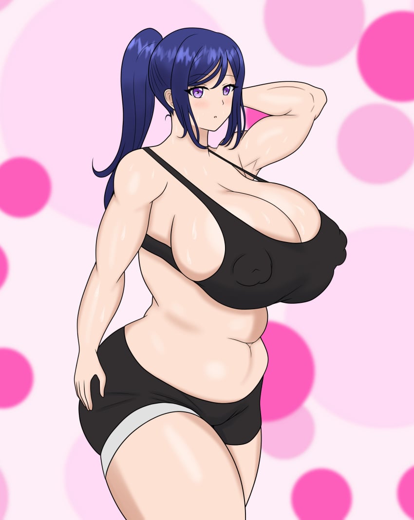 1girls bad_anatomy huge_breasts large_breasts love_live! love_live!_sunshine!! matsuura_kanan muscular_female nipples_visible_through_clothing smolfei sports_bra thick_thighs