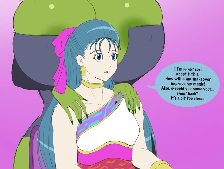 annon before_and_after bimbo bow clothing dialogue dragon_quest flora_(dragon_quest) gigantic_breasts green_skin huge_breasts nera_briscoletti small_breasts text transformation