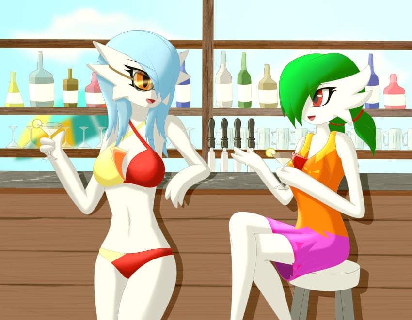 3_fingers alcohol alcoholic_drink alyx_(cobra0281) bar bar_stool beach beverage blue_hair bottle clothing cobra0281 cocktail cocktail_glass container cup detailed_background dress drinking_glass duo eye_contact eyewear female fingers furniture gardevoir generation_3_pokemon glass glass_container glass_cup green_hair hair hair_over_eye looking_at_another martini nintendo not_furry one_eye_obstructed open_mouth orange_eyes pokemon pokemon_(species) ponytail red_eyes ruby_(ghostth39) seaside shiny_pokemon stool sunglasses swimwear