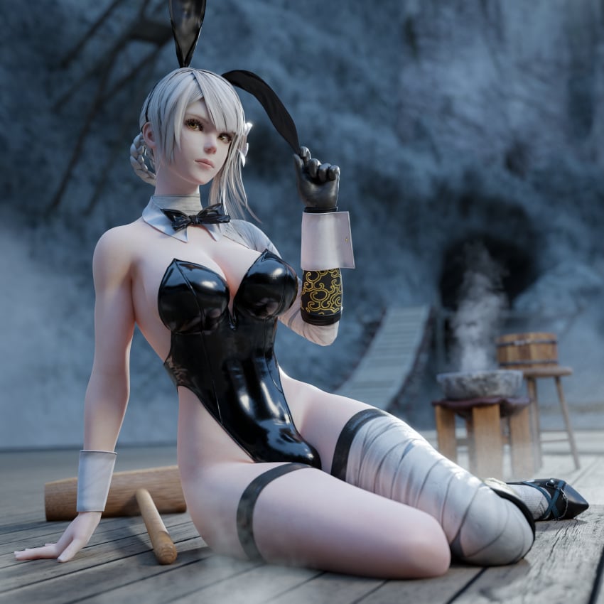 1futa 3d breasts bulge bulge_through_clothing bunny_suit bunnysuit covahk futa_only futanari highres kaine_(nier) nier nier_(series) nier_replicant white_hair