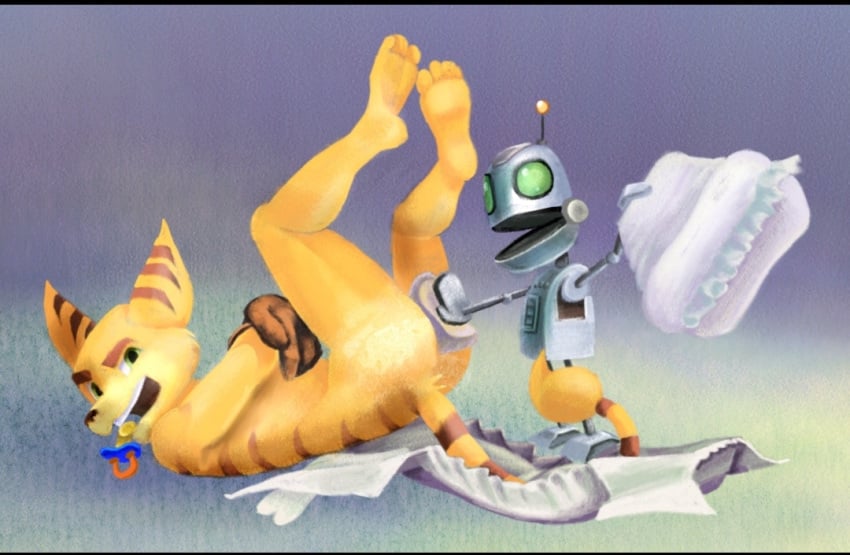 2boys abdl anthro ass baby_powder clank_(ratchet_and_clank) diaper diaper_change diaper_fetish diaperfur digital_drawing_(artwork) digital_media_(artwork) furry gloves infantilism lombax male male_only naked nude ratchet_(ratchet_and_clank) ratchet_and_clank robot sony sony_corporation sony_interactive_entertainment tail zuago