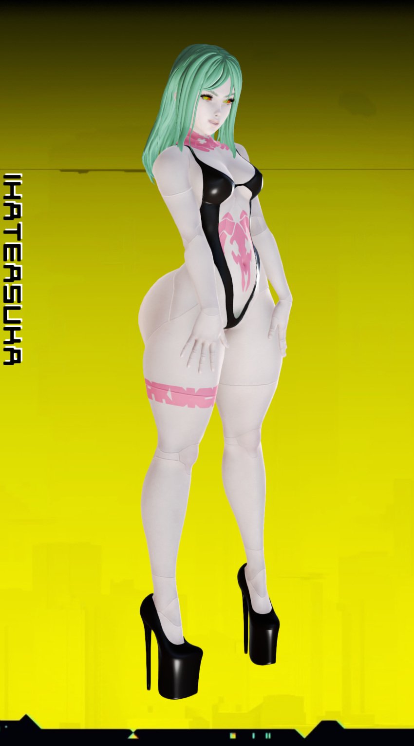 1girls 3d 3d_(artwork) 5:9 big_ass booty_shorts cybernetics cyberpunk cyberpunk:_edgerunners green_hair high_heels honey_select ihateasuka illusion_soft long_hair looking_at_viewer pale-skinned_female pale_skin platform_heels rebecca_(edgerunners) simple_background small_breasts studio_neo swimsuit tattoo tattoo_on_belly tattoo_on_neck tattoo_on_thigh tattoos thick_thighs