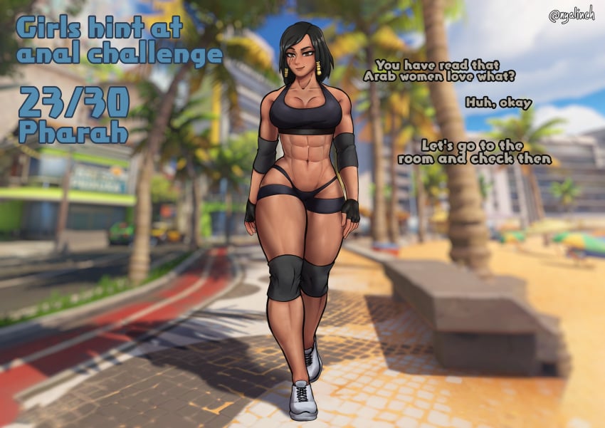 arabian_female before_anal girls_hint_at_anal_challenge imminent_anal meowlinch muscular_female overwatch pharah t-back_spats tagme thick_thighs