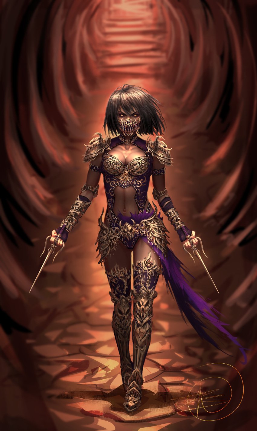 1girls black_hair edenian female female_only fully_clothed gold_jewelry jewelry mask masked masked_female mileena mortal_kombat purple_clothing sai_(weapon) solo solo_female stomach tarkatan weapon yellow_eyes zero_akuma