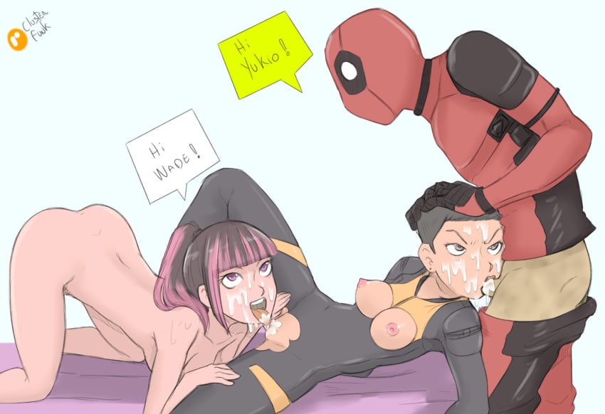 blowjob blowjob_face blowjob_while_penetrated brianna_hildebrand clusterfunk cum cum_drip cum_dripping cum_dripping_from_penis cum_in_mouth cum_on_face cum_shot cum_swallow deadpool deadpool_2 lesbian lesbian_sex marvel marvel_comics negasonic_teenage_warhead orientation_play pink_eyes pussy_juice pussy_juice_drip pussy_licking superhero threesome unseen_male_face wade_wilson yukio_(x-men)