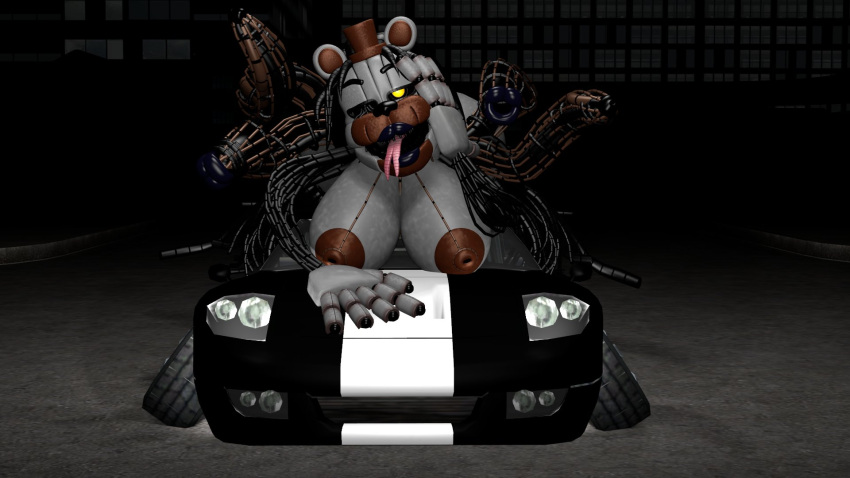 3d 3d_(artwork) animatronic anthro areola bear big_areola big_breasts breasts car clothing detailed_background female five_nights_at_freddy's freddy_fazbear's_pizzeria_simulator hat headgear headwear hi_res josh-u4 machine mammal metal_tentacles molten_freddy night robot rule_63 scottgames solo solo_female street tentacle tentacle_arms tongue tongue_out vehicle